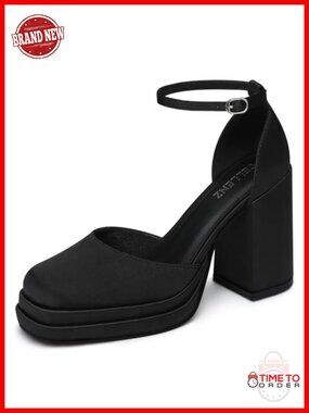 Women's Chunky Platform High Heels Satin Ankle Strap Dress Pumps